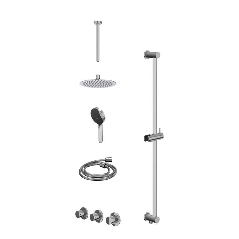 Excl. inbouwbox regendoucheset inbouwthermostaatkraan met 2 vaste stopkranen symmetry, plafondbuis 30cm, R20cmSL, glijstang met uitlaat, doucheslang 150cm en 3-standen handdouche