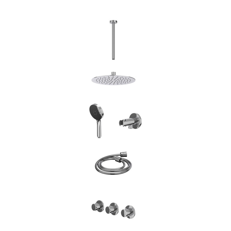 Excl. inbouwbox regendoucheset inbouwthermostaatkraan met 2 vaste stopkranen symmetry, plafondbuis 30cm, R25cmSL, houder met uitlaat, doucheslang 150cm en 3-standen handdouche