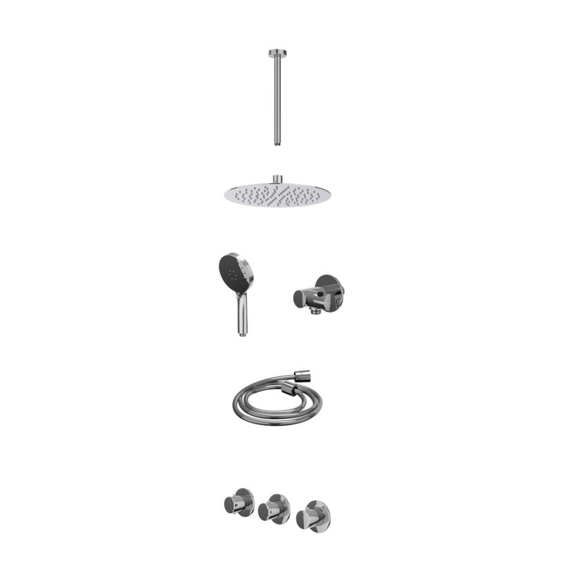 Excl. inbouwbox regendoucheset inbouwthermostaatkraan met 2 vaste stopkranen symmetry, plafondbuis 30cm, R25cmSL, verstelbare steun met geïnt. uitlaat, doucheslang 150cm en 3-standen handdouche