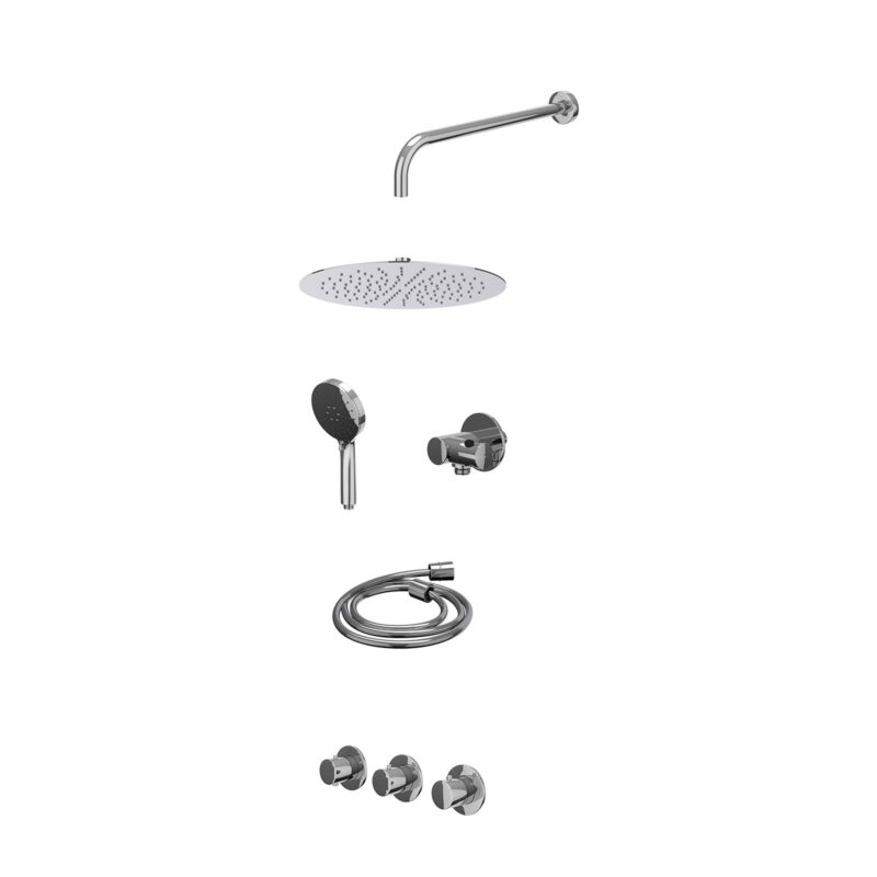 Excl. inbouwbox regendoucheset inbouwthermostaatkraan met 2 vaste stopkranen symmetry, wandarm, R30cmSL, verstelbare steun met geïnt. uitlaat, doucheslang 150cm en 3-standen handdouche