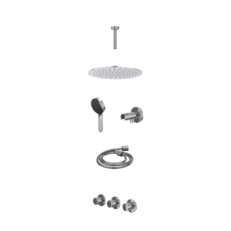 Winkelwagen 17 Excl. inbouwbox regendoucheset inbouwthermostaatkraan met 2 vaste stopkranen symmetry, plafondbuis 15cm, R30cmSL, houder met uitlaat, doucheslang 150cm en 3-standen handdouche