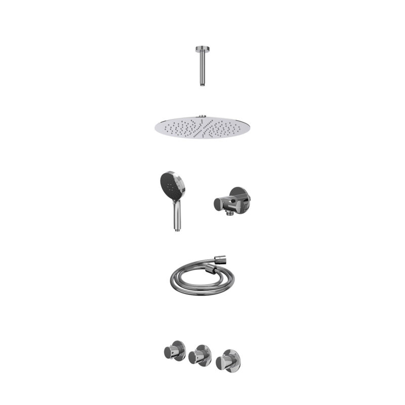 Excl. inbouwbox regendoucheset inbouwthermostaatkraan met 2 vaste stopkranen symmetry, plafondbuis 15cm, R30cmSL, verstelbare steun met geïnt. uitlaat, doucheslang 150cm en 3-standen handdouche