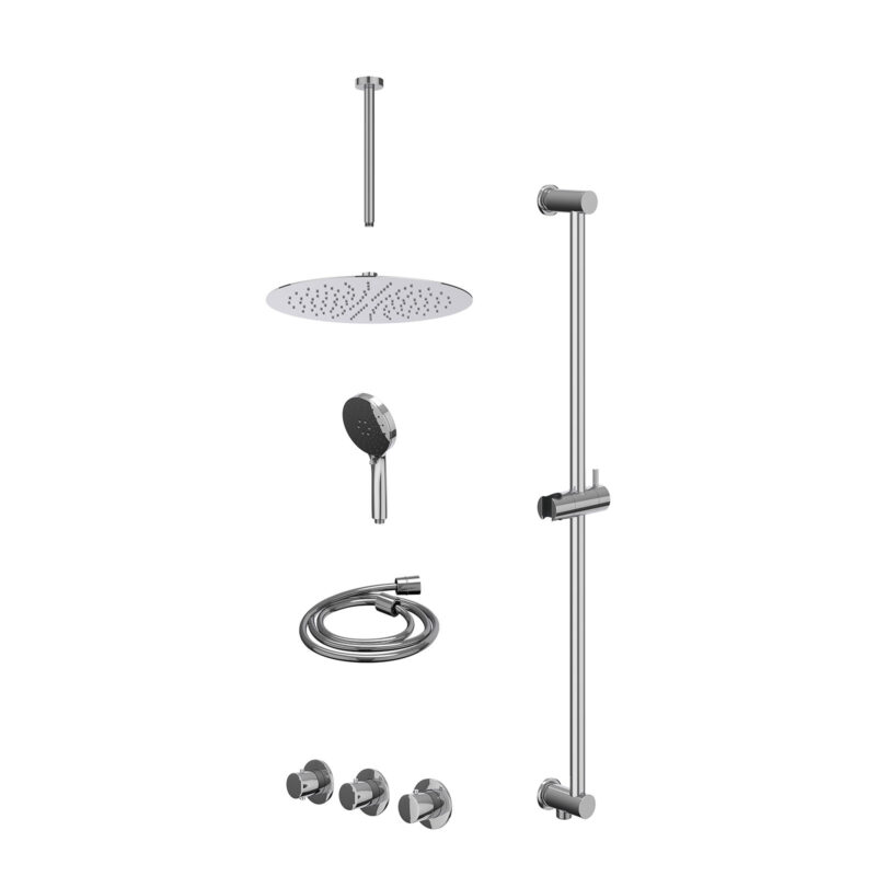 Excl. inbouwbox regendoucheset inbouwthermostaatkraan met 2 vaste stopkranen symmetry, plafondbuis 30cm, R30cmSL, glijstang met uitlaat, doucheslang 150cm en 3-standen handdouche