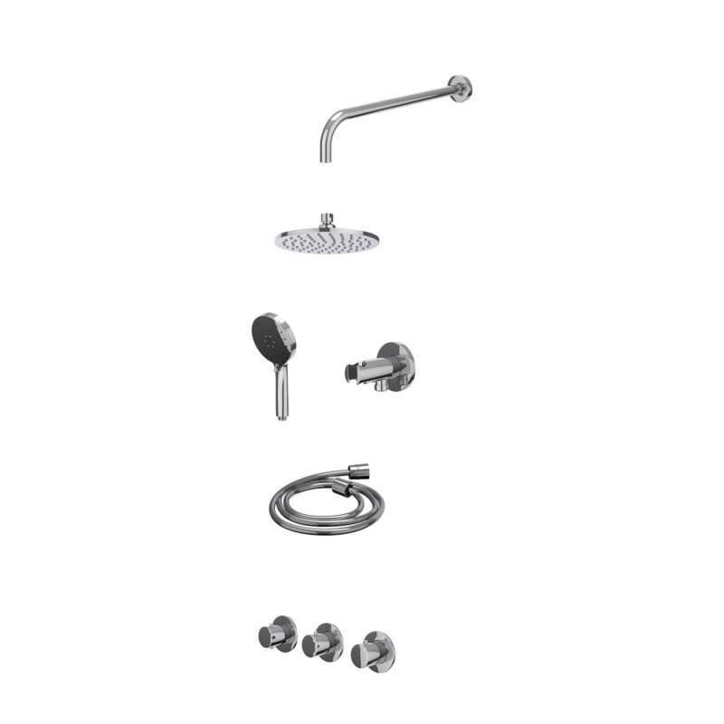 Winkelwagen 11 Excl. inbouwbox regendoucheset inbouwthermostaatkraan met 2 vaste stopkranen symmetry, wandarm, R20cmME, houder met uitlaat, doucheslang 150cm en 3-standen handdouche