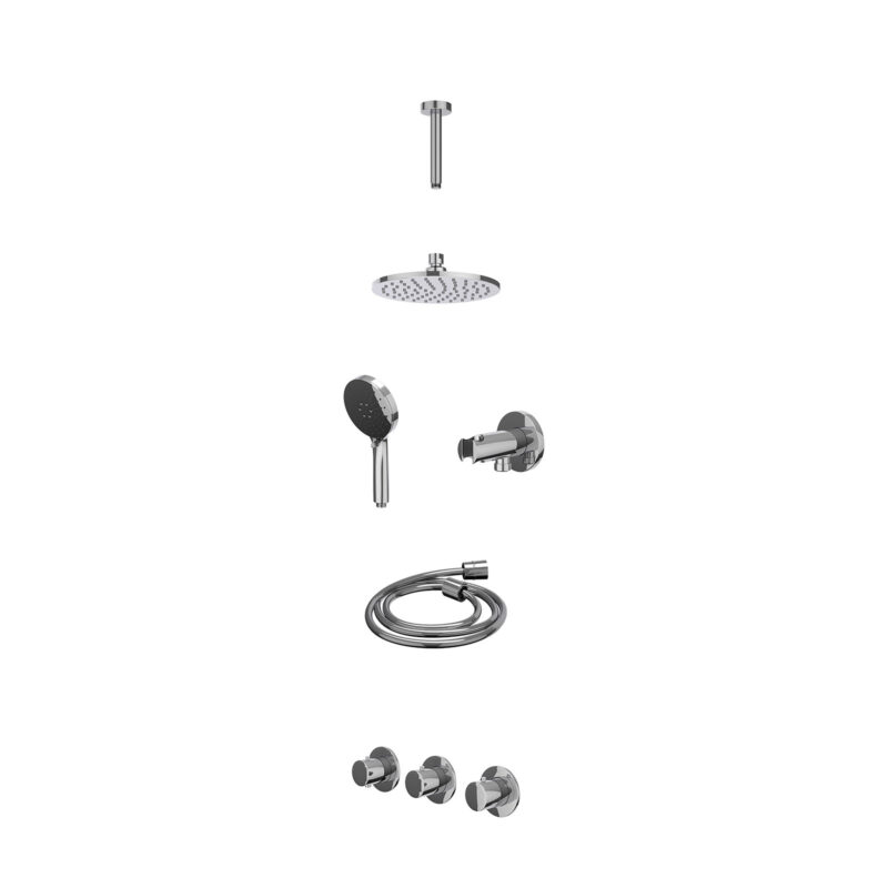 Excl. inbouwbox regendoucheset inbouwthermostaatkraan met 2 vaste stopkranen symmetry, plafondbuis 15cm, R20cmME, houder met uitlaat, doucheslang 150cm en 3-standen handdouche