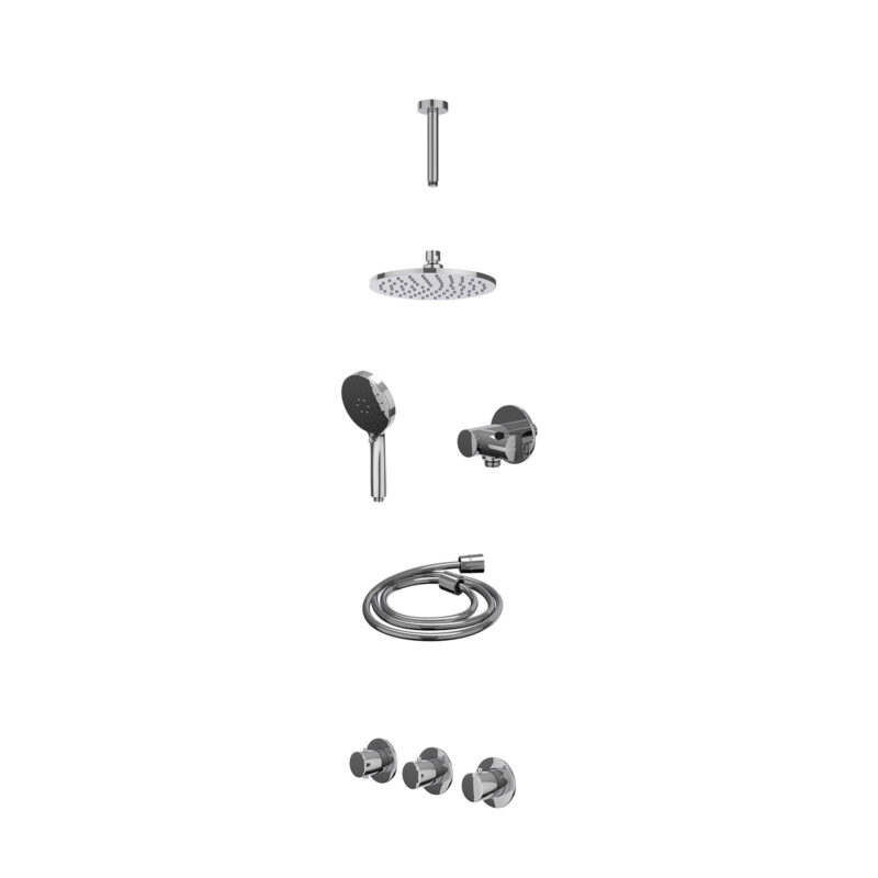 Excl. inbouwbox regendoucheset inbouwthermostaatkraan met 2 vaste stopkranen symmetry, plafondbuis 15cm, R20cmME, verstelbare steun met geïnt. uitlaat, doucheslang 150cm en 3-standen handdouche