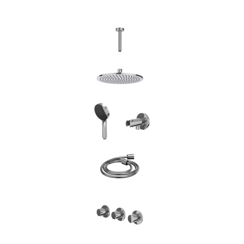 Excl. inbouwbox regendoucheset inbouwthermostaatkraan met 2 vaste stopkranen symmetry, plafondbuis 15cm, R25cmME, houder met uitlaat, doucheslang 150cm en 3-standen handdouche