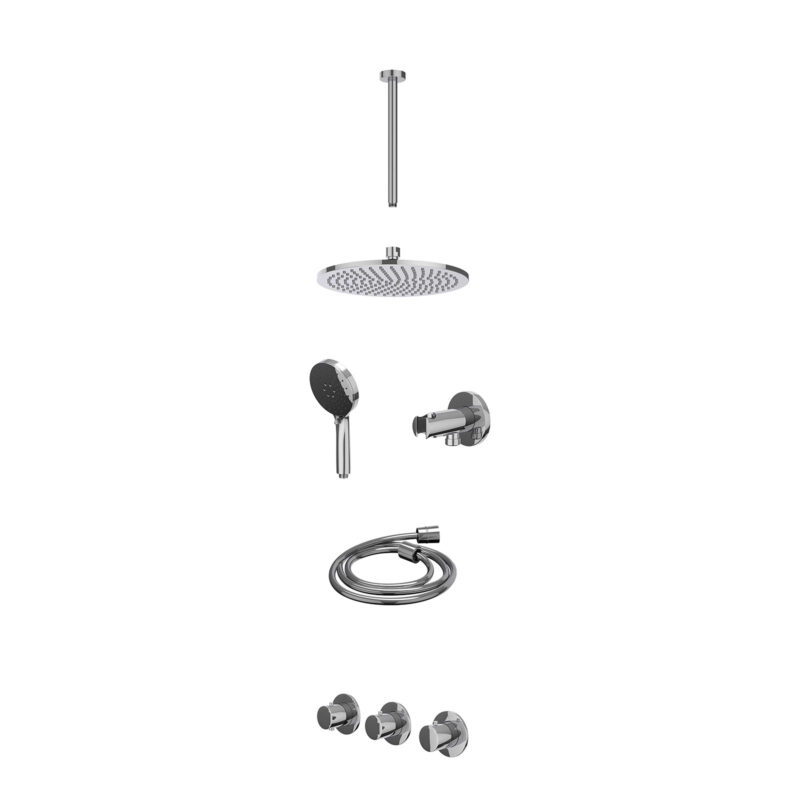 Excl. inbouwbox regendoucheset inbouwthermostaatkraan met 2 vaste stopkranen symmetry, plafondbuis 30cm, R25cmME, houder met uitlaat, doucheslang 150cm en 3-standen handdouche