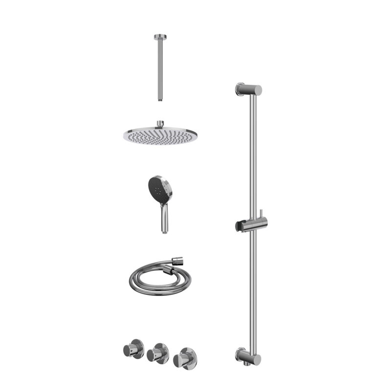 Winkelwagen 8 Excl. inbouwbox regendoucheset inbouwthermostaatkraan met 2 vaste stopkranen symmetry, plafondbuis 30cm, R25cmME, glijstang met uitlaat, doucheslang 150cm en 3-standen handdouche