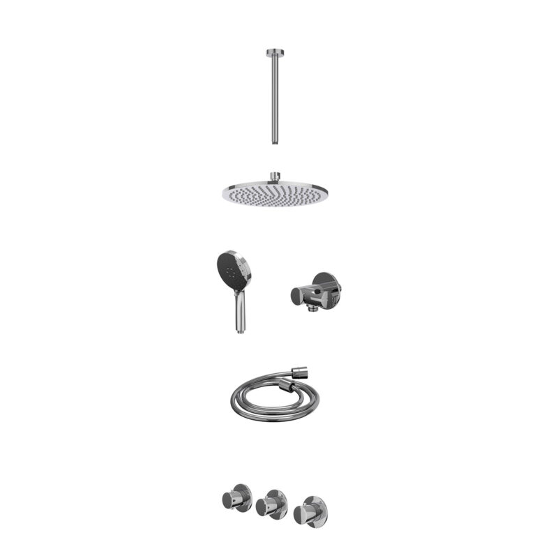 Winkelwagen 35 Excl. inbouwbox regendoucheset inbouwthermostaatkraan met 2 vaste stopkranen symmetry, plafondbuis 30cm, R25cmME, verstelbare steun met geïnt. uitlaat, doucheslang 150cm en 3-standen handdouche