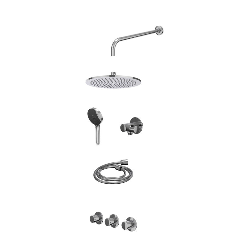 Excl. inbouwbox regendoucheset inbouwthermostaatkraan met 2 vaste stopkranen symmetry, wandarm, R30cmME, verstelbare steun met geïnt. uitlaat, doucheslang 150cm en 3-standen handdouche