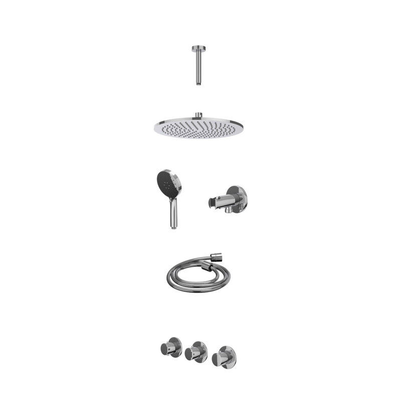 Excl. inbouwbox regendoucheset inbouwthermostaatkraan met 2 vaste stopkranen symmetry, plafondbuis 15cm, R30cmME, houder met uitlaat, doucheslang 150cm en 3-standen handdouche