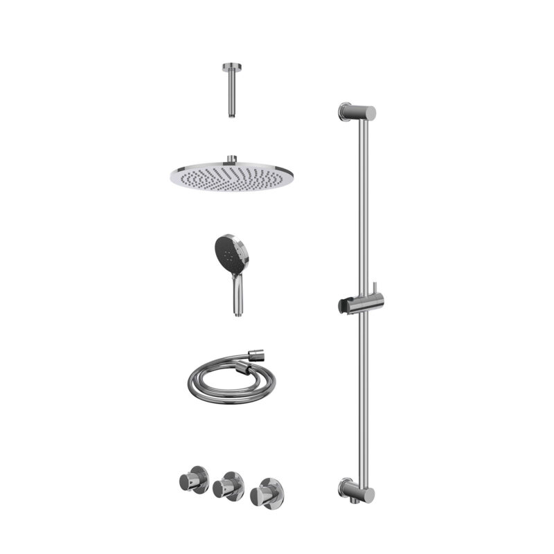 Excl. inbouwbox regendoucheset inbouwthermostaatkraan met 2 vaste stopkranen symmetry, plafondbuis 15cm, R30cmME, glijstang met uitlaat, doucheslang 150cm en 3-standen handdouche