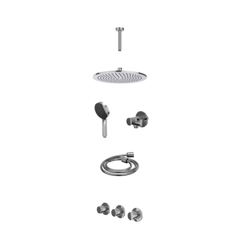 Excl. inbouwbox regendoucheset inbouwthermostaatkraan met 2 vaste stopkranen symmetry, plafondbuis 15cm, R30cmME, verstelbare steun met geïnt. uitlaat, doucheslang 150cm en 3-standen handdouche