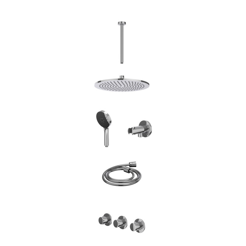 Winkelwagen 27 Excl. inbouwbox regendoucheset inbouwthermostaatkraan met 2 vaste stopkranen symmetry, plafondbuis 30cm, R30cmME, houder met uitlaat, doucheslang 150cm en 3-standen handdouche