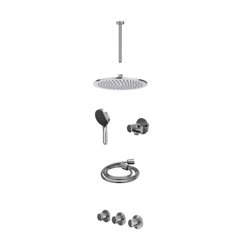 Excl. inbouwbox regendoucheset inbouwthermostaatkraan met 2 vaste stopkranen symmetry, plafondbuis 30cm, R30cmME, verstelbare steun met geïnt. uitlaat, doucheslang 150cm en 3-standen handdouche