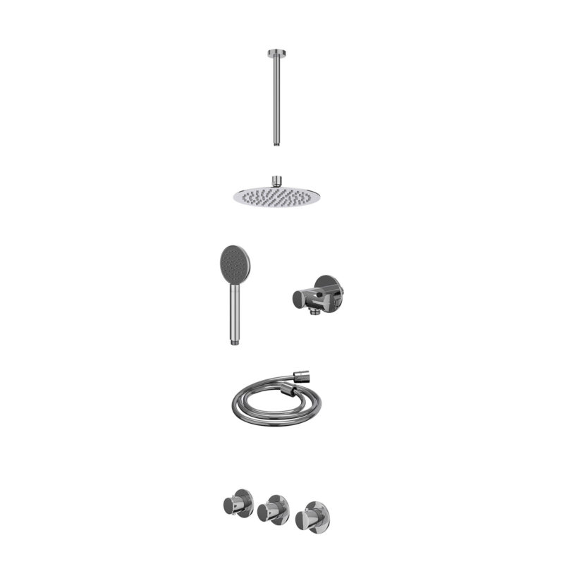 Winkelwagen 38 Excl. inbouwbox regendoucheset inbouwthermostaatkraan met 2 vaste stopkranen symmetry, plafondbuis 30cm, R20cmSL, verstelbare steun met geïnt. uitlaat, doucheslang 150cm en satin spray handdouche