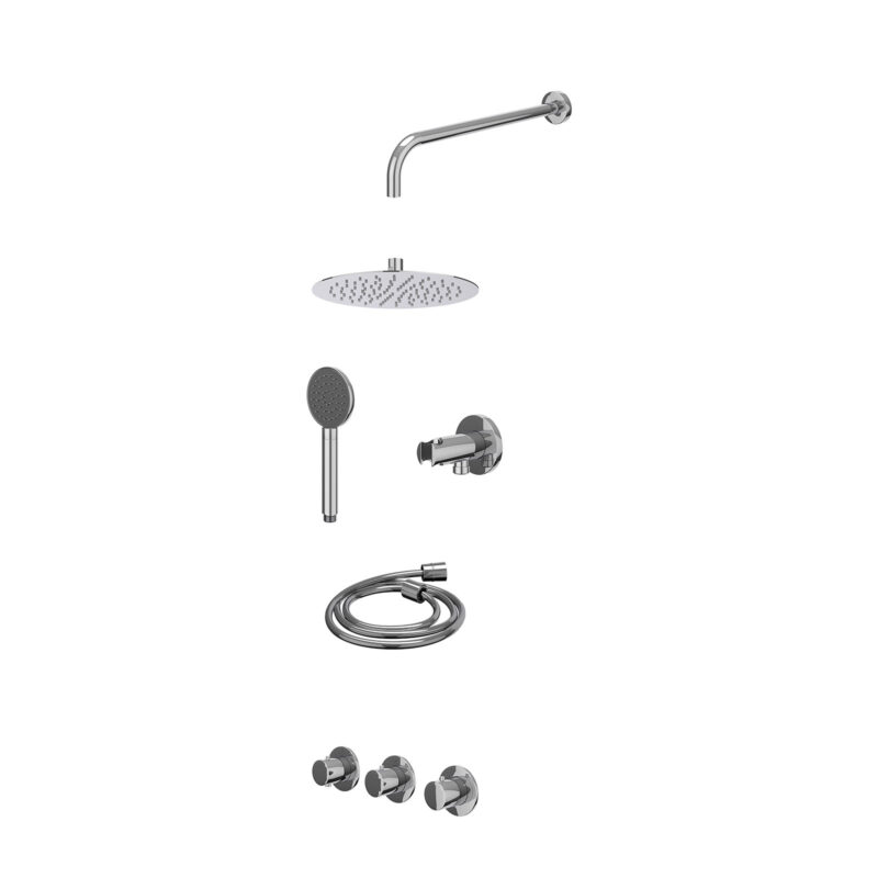 Excl. inbouwbox regendoucheset inbouwthermostaatkraan met 2 vaste stopkranen symmetry, wandarm, R25cmSL, houder met uitlaat, doucheslang 150cm en satin spray handdouche