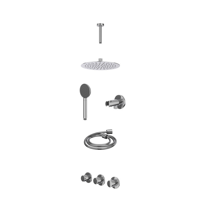 Excl. inbouwbox regendoucheset inbouwthermostaatkraan met 2 vaste stopkranen symmetry, plafondbuis 15cm, R25cmSL, houder met uitlaat, doucheslang 150cm en satin spray handdouche