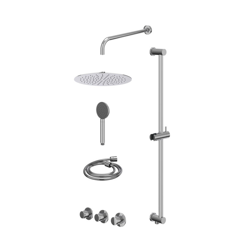 Excl. inbouwbox regendoucheset inbouwthermostaatkraan met 2 vaste stopkranen symmetry, wandarm, R30cmSL, glijstang met uitlaat, doucheslang 150cm en satin spray handdouche