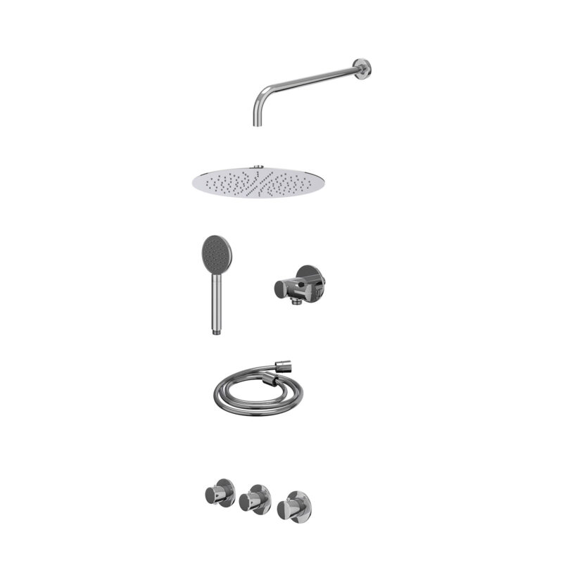 Excl. inbouwbox regendoucheset inbouwthermostaatkraan met 2 vaste stopkranen symmetry, wandarm, R30cmSL, verstelbare steun met geïnt. uitlaat, doucheslang 150cm en satin spray handdouche