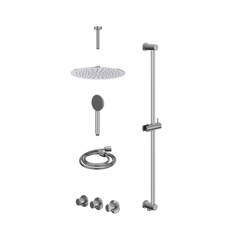 Winkelwagen 39 Excl. inbouwbox regendoucheset inbouwthermostaatkraan met 2 vaste stopkranen symmetry, plafondbuis 15cm, R30cmSL, glijstang met uitlaat, doucheslang 150cm en satin spray handdouche