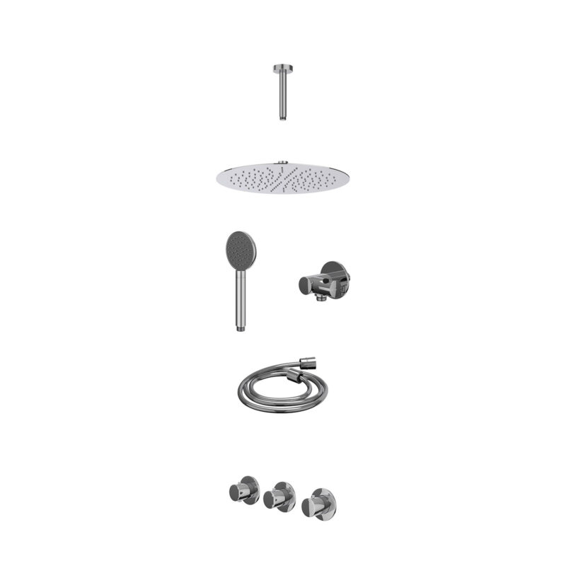 Excl. inbouwbox regendoucheset inbouwthermostaatkraan met 2 vaste stopkranen symmetry, plafondbuis 15cm, R30cmSL, verstelbare steun met geïnt. uitlaat, doucheslang 150cm en satin spray handdouche