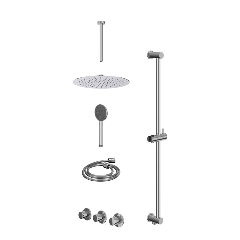 Excl. inbouwbox regendoucheset inbouwthermostaatkraan met 2 vaste stopkranen symmetry, plafondbuis 30cm, R30cmSL, glijstang met uitlaat, doucheslang 150cm en satin spray handdouche