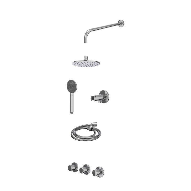 Excl. inbouwbox regendoucheset inbouwthermostaatkraan met 2 vaste stopkranen symmetry, wandarm, R20cmME, houder met uitlaat, doucheslang 150cm en satin spray handdouche