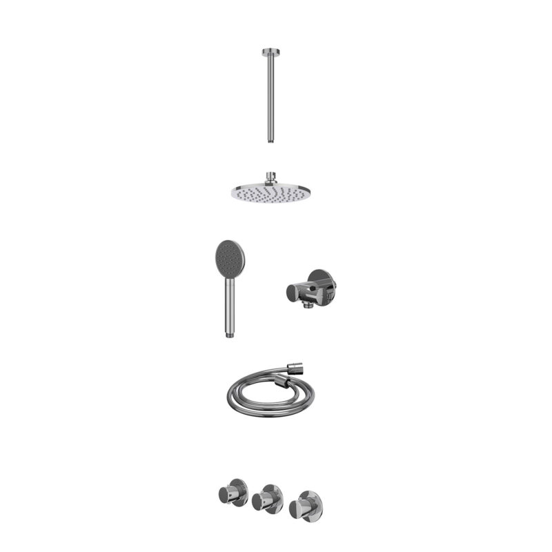 Excl. inbouwbox regendoucheset inbouwthermostaatkraan met 2 vaste stopkranen symmetry, plafondbuis 30cm, R20cmME, verstelbare steun met geïnt. uitlaat, doucheslang 150cm en satin spray handdouche