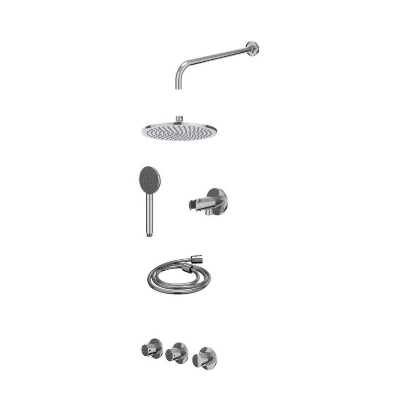 Winkelwagen 29 Excl. inbouwbox regendoucheset inbouwthermostaatkraan met 2 vaste stopkranen symmetry, wandarm, R25cmME, houder met uitlaat, doucheslang 150cm en satin spray handdouche