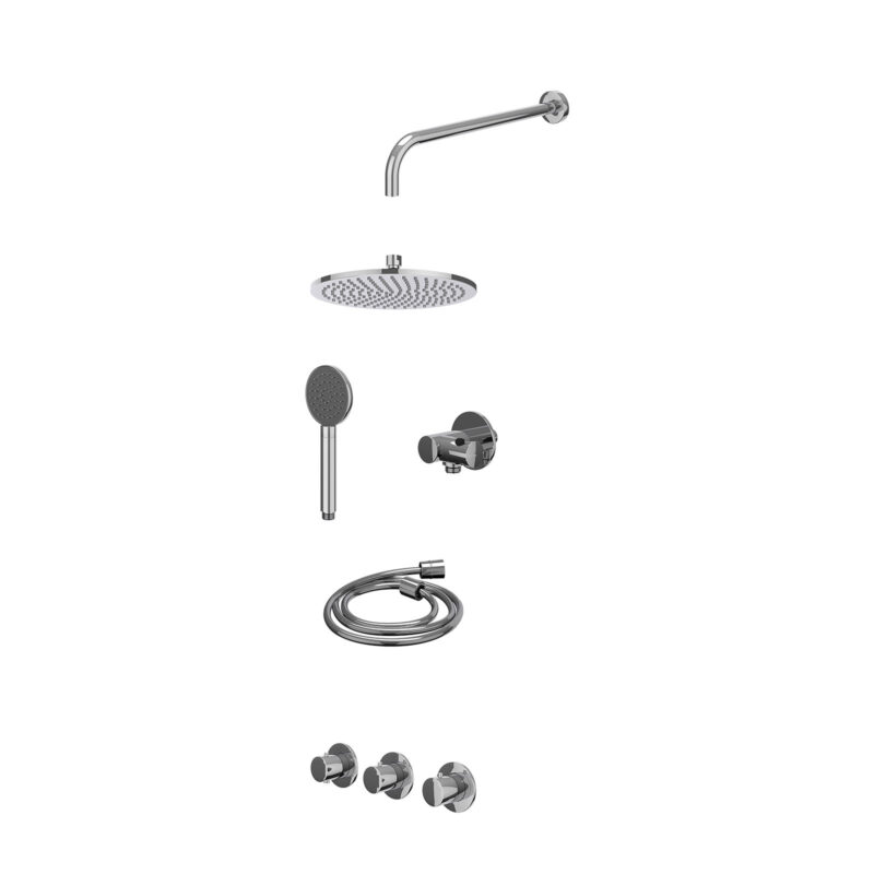 Excl. inbouwbox regendoucheset inbouwthermostaatkraan met 2 vaste stopkranen symmetry, wandarm, R25cmME, verstelbare steun met geïnt. uitlaat, doucheslang 150cm en satin spray handdouche