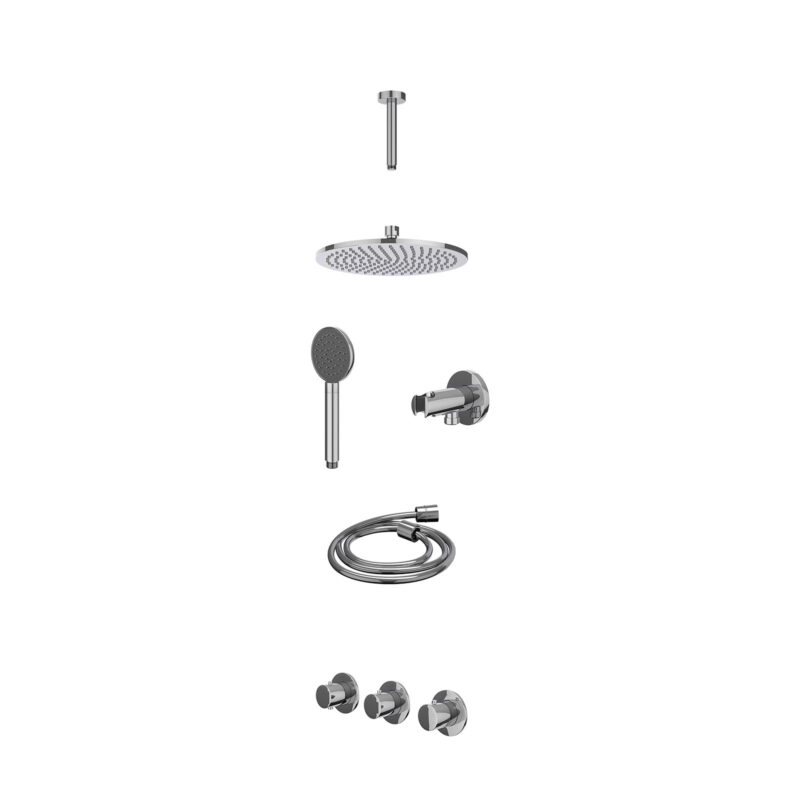 Excl. inbouwbox regendoucheset inbouwthermostaatkraan met 2 vaste stopkranen symmetry, plafondbuis 15cm, R25cmME, houder met uitlaat, doucheslang 150cm en satin spray handdouche