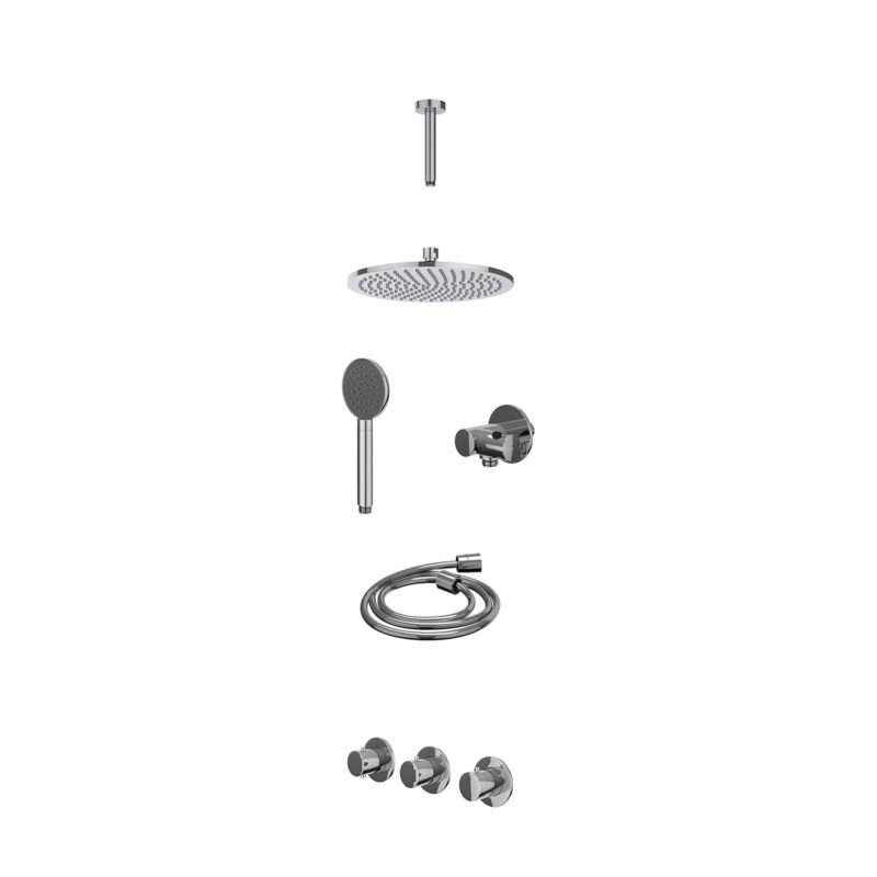 Excl. inbouwbox regendoucheset inbouwthermostaatkraan met 2 vaste stopkranen symmetry, plafondbuis 15cm, R25cmME, verstelbare steun met geïnt. uitlaat, doucheslang 150cm en satin spray handdouche