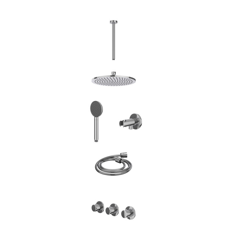 Excl. inbouwbox regendoucheset inbouwthermostaatkraan met 2 vaste stopkranen symmetry, plafondbuis 30cm, R25cmME, houder met uitlaat, doucheslang 150cm en satin spray handdouche