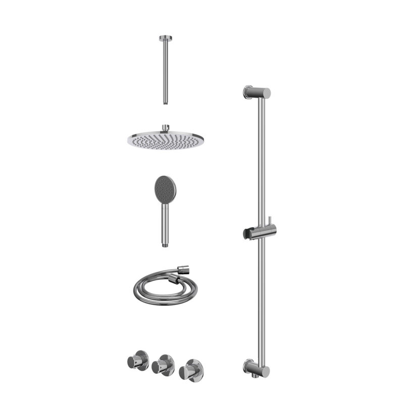 Excl. inbouwbox regendoucheset inbouwthermostaatkraan met 2 vaste stopkranen symmetry, plafondbuis 30cm, R25cmME, glijstang met uitlaat, doucheslang 150cm en satin spray handdouche