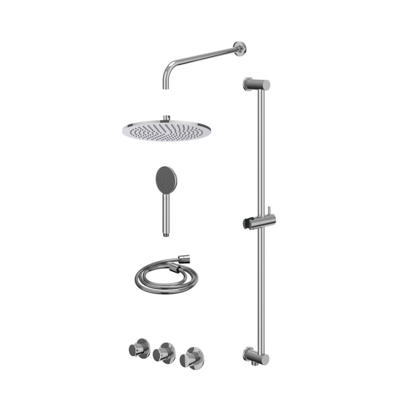 Excl. inbouwbox regendoucheset inbouwthermostaatkraan met 2 vaste stopkranen symmetry, wandarm, R30cmME, glijstang met uitlaat, doucheslang 150cm en satin spray handdouche