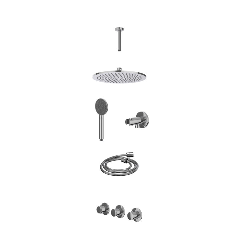 Excl. inbouwbox regendoucheset inbouwthermostaatkraan met 2 vaste stopkranen symmetry, plafondbuis 15cm, R30cmME, houder met uitlaat, doucheslang 150cm en satin spray handdouche