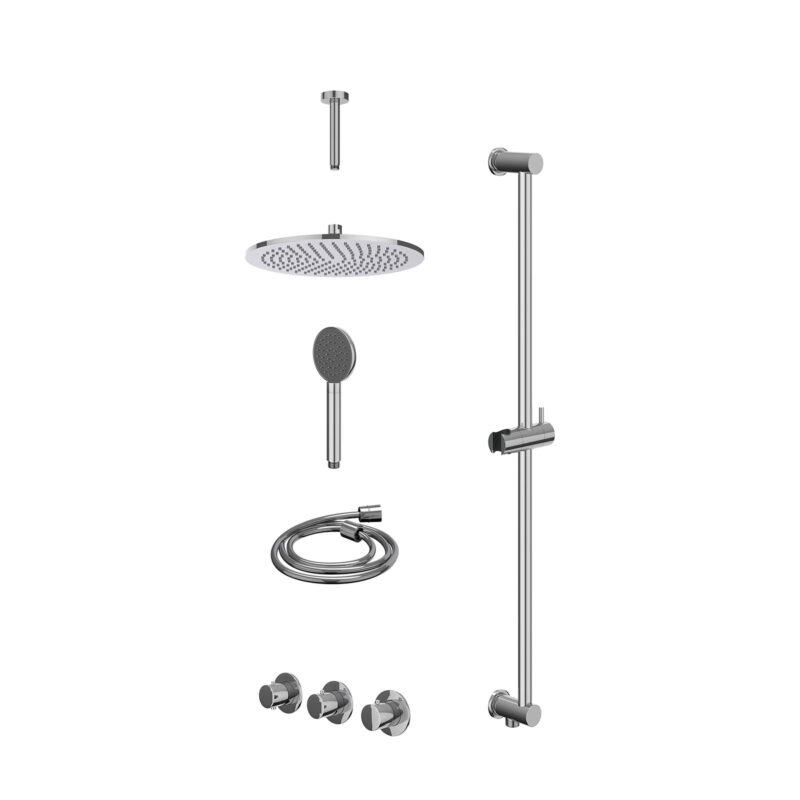Winkelwagen 32 Excl. inbouwbox regendoucheset inbouwthermostaatkraan met 2 vaste stopkranen symmetry, plafondbuis 15cm, R30cmME, glijstang met uitlaat, doucheslang 150cm en satin spray handdouche