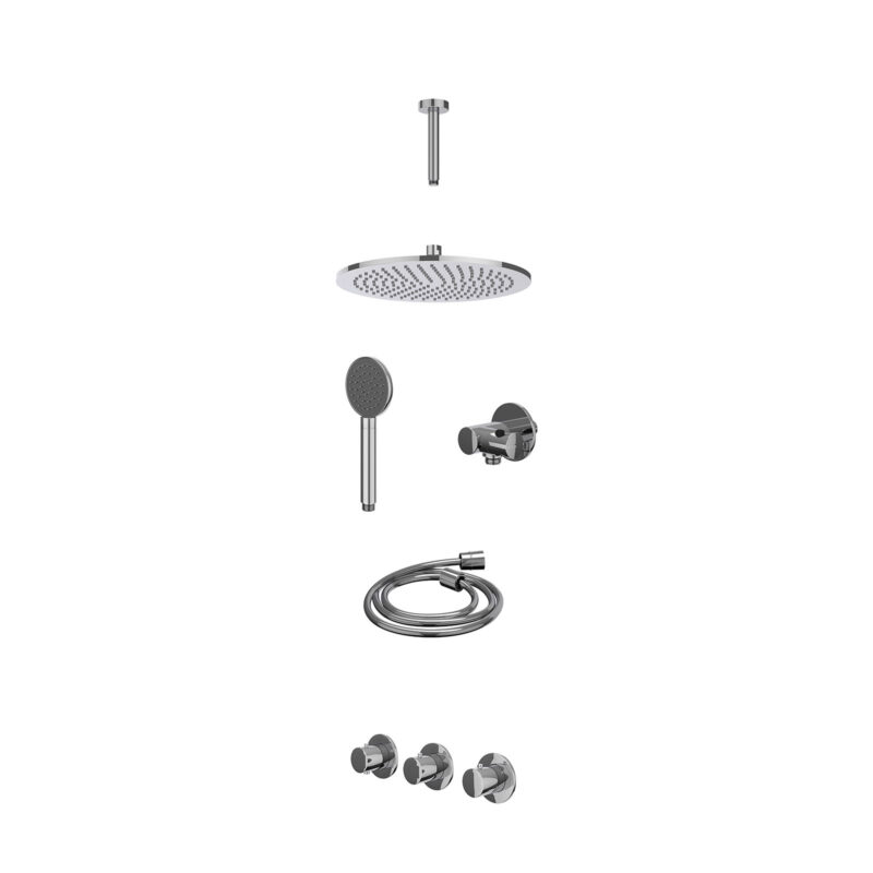 Excl. inbouwbox regendoucheset inbouwthermostaatkraan met 2 vaste stopkranen symmetry, plafondbuis 15cm, R30cmME, verstelbare steun met geïnt. uitlaat, doucheslang 150cm en satin spray handdouche