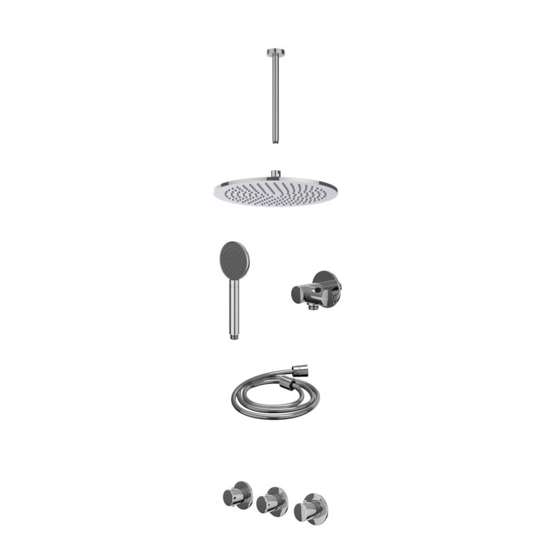 Excl. inbouwbox regendoucheset inbouwthermostaatkraan met 2 vaste stopkranen symmetry, plafondbuis 30cm, R30cmME, verstelbare steun met geïnt. uitlaat, doucheslang 150cm en satin spray handdouche