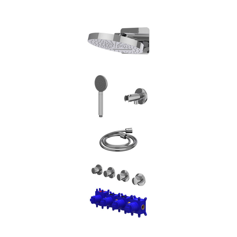 Regendoucheset inbouwthermostaatkraan met 3 losse stopkranen symmetry, HALO hoofddouche, satin spray handdouche en wandsteun met geïnt. uitlaat