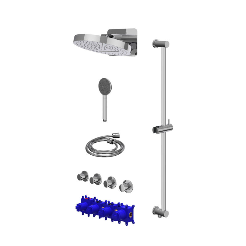 Regendoucheset inbouwthermostaatkraan met 3 losse stopkranen symmetry, HALO hoofddouche, satin spray handdouche en glijstang met geïnt. uitlaat