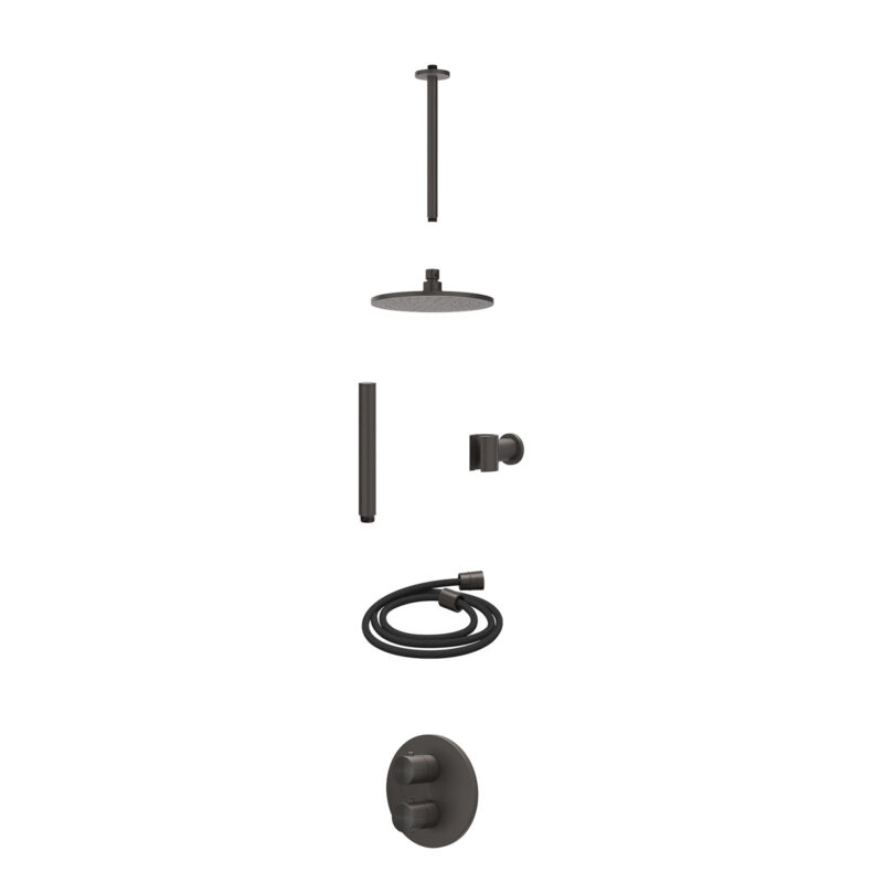 Excl. inbouwbox regendoucheset inbouwthermostaatkraan met 2-weg stop-omstel, plafondbuis 30cm, R20cmME, houder met uitlaat, doucheslang 150cm en staafmodel