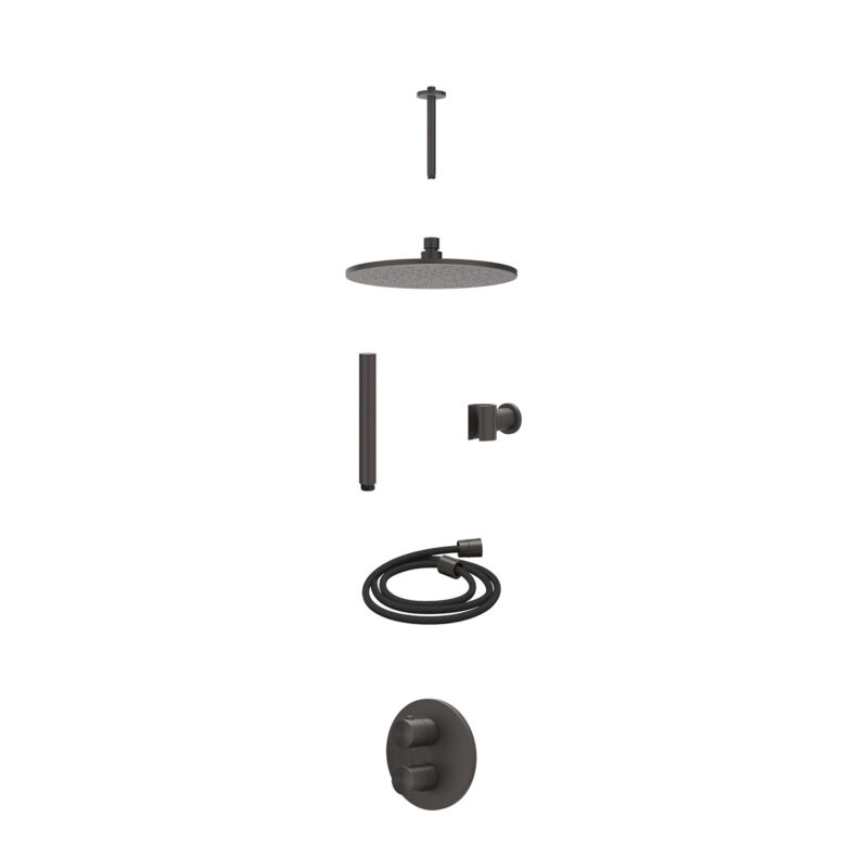 Excl. inbouwbox regendoucheset inbouwthermostaatkraan met 2-weg stop-omstel, plafondbuis 20cm, R25cmME, houder met uitlaat, doucheslang 150cm en staafmodel