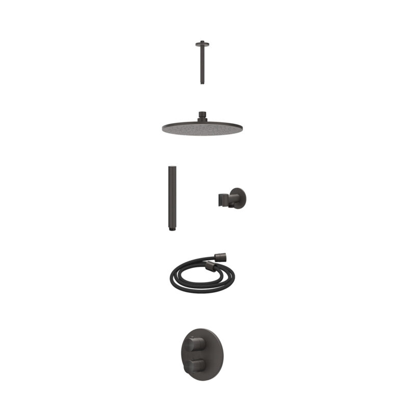 Excl. inbouwbox regendoucheset inbouwthermostaatkraan met 2-weg stop-omstel, plafondbuis 20cm, R25cmME, glijstang met uitlaat, doucheslang 150cm en staafmodel