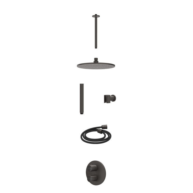 Excl. inbouwbox regendoucheset inbouwthermostaatkraan met 2-weg stop-omstel, plafondbuis 30cm, R25cmME, houder met uitlaat, doucheslang 150cm en staafmodel