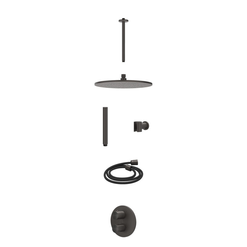 Excl. inbouwbox regendoucheset inbouwthermostaatkraan met 2-weg stop-omstel, plafondbuis 30cm, R30cmME, houder met uitlaat, doucheslang 150cm en staafmodel