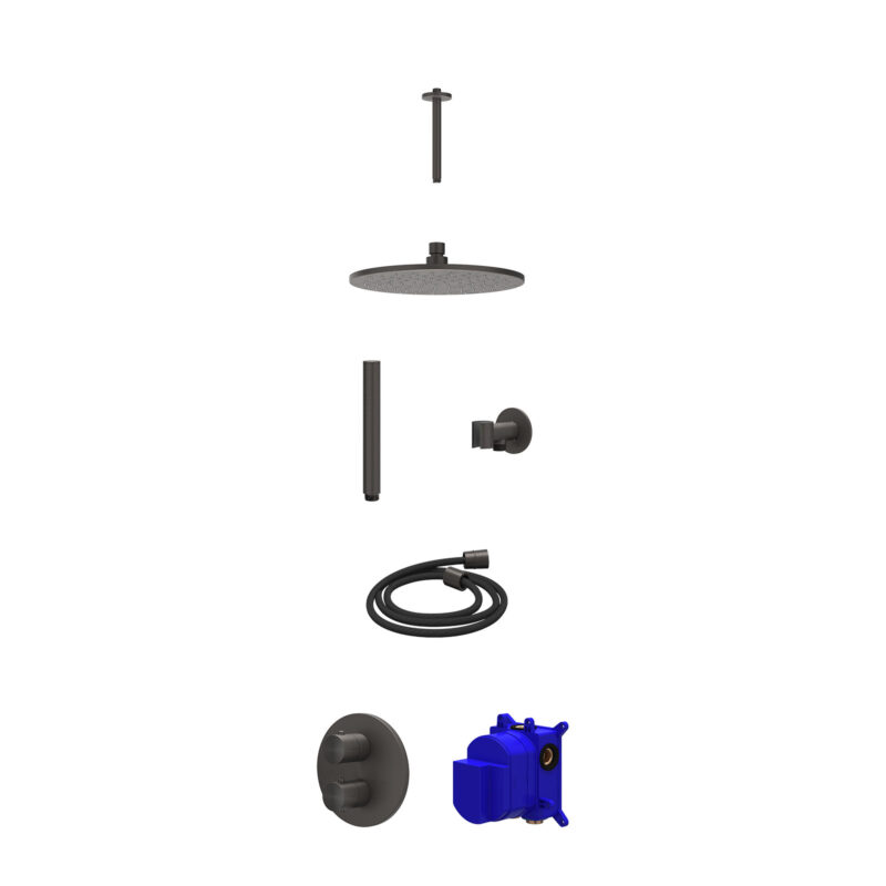 Regendoucheset inbouwthermostaatkraan met 2-weg stop-omstel, plafondbuis 20cm, R25cmME, glijstang met uitlaat, doucheslang 150cm en staafmodel
