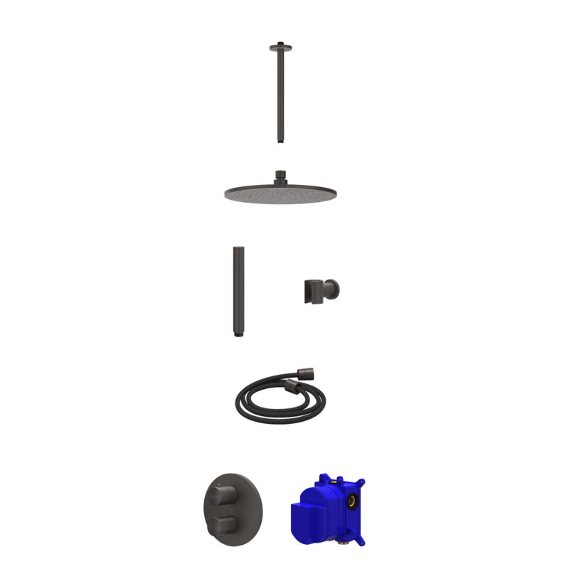 Regendoucheset inbouwthermostaatkraan met 2-weg stop-omstel, plafondbuis 30cm, R25cmME, houder met uitlaat, doucheslang 150cm en staafmodel